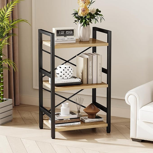 Homeiju Bookshelf, 3 Tier Industrial Bookcase, Metal Small Bookcase, Rustic Etagere Book Shelf Storage Organizer for Living Room, Bedroom, and Home Office(Light Coffee) Patent Pending D29873033