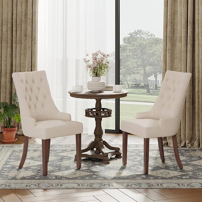 COLAMY Fabric Side Dining Chairs Set of 4, Wingback Upholstered Dining Room Chairs with Tufted Button, Living Room Chairs for Home Kitchen, Beige