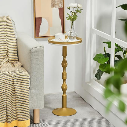Small Round Drink Table,Pedestal Tables,Small Round Side Table for Narrow Spaces,End Table for Living Room, Bedroom, Bathroom,Balcony (White Gold)