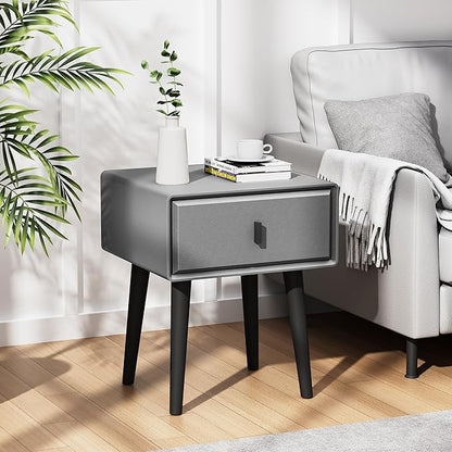 VICITON Modern Faux Leather Nightstand, Solid Wood Drawer, with 4 Wood Legs, Small Side End Table for Bedroom (Light Gray)