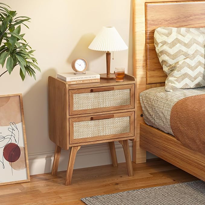 Lerliuo Rattan Nightstand, Boho Night Stand with 2 Drawers, Cane Accent Side End Table, Bedside Table with Solid Wood Legs for Bedroom, Dorm and Small Spaces (Tea Brown)