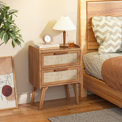 Lerliuo Rattan Nightstand, Boho Night Stand with 2 Drawers, Cane Accent Side End Table, Bedside Table with Solid Wood Legs for Bedroom, Dorm and Small Spaces (Tea Brown)