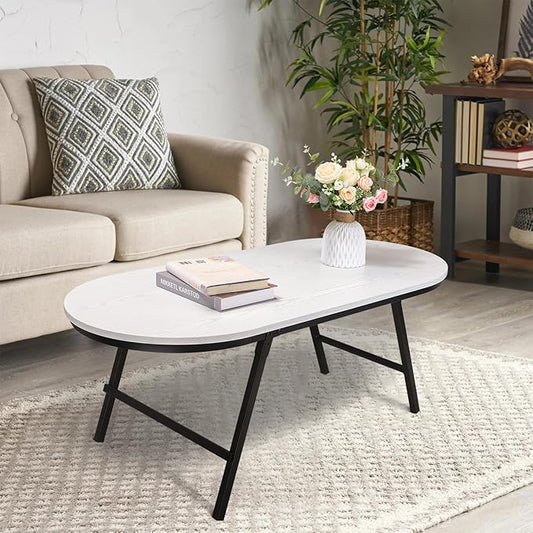 Small Oval Coffee Table Wooden Low Coffee Table with Folding Legs Portable White Center Table Simple Modern Floor Table Desk for Living Room Home Office
