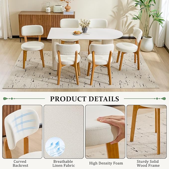 Furniliving Wooden Dining Chairs Set of 2, Mid-Century Modern Linen Upholstered Kitchen Chair with Solid Oak Wood, Farmhouse Dining Room Chairs, Beige