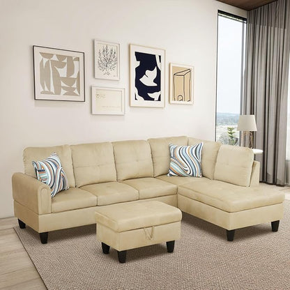 Beige L-Shaped 3-Piece Flannel Sofa with Storage Ottoman Set, Sectional Couch Sofa Set for Living Room, Office, Small Space