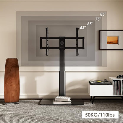 FITUEYES Universal TV Stand Mount for 43-80 85 inch TVs, Swivel Tall TV Mount Stand, Table Top TV Stand Base Replacement, Height Adjustable TV Table Stand, Glass Base, Max Holds 110lbs