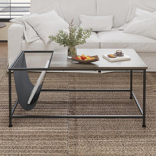 SENIG Grey Oak Rectangle Wood and Metal Coffee Table with Storage Shelf for Small Living Rooms with Pocket