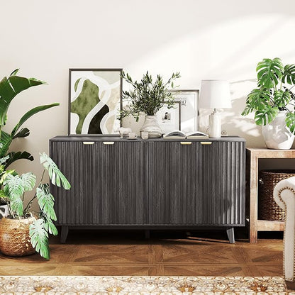 HOMCOM Fluted Sideboard Buffet Cabinet, 55" Modern Accent Console Cabinet with 4 Doors, 2 Adjustable Shelves and 5 Wood Legs, Distressed Gray