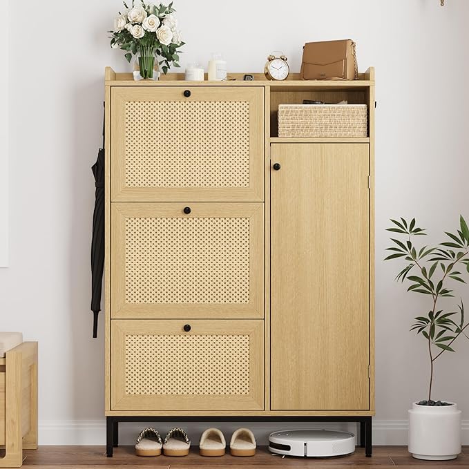 GarveeHome Shoe Cabinet Rattan with 3 Flip Drawers and 4-Tier Shoe Storage Cabinet, Freestanding Shoe Organizer with Adjustable Shelves for Entryway, Closet, Hallway (Oak)