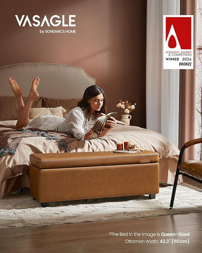 VASAGLE EKHO Collection - Storage Ottoman Bench, Entryway Bedroom Bench, 25 Gallons, Synthetic Leather with Stitching, Mid-Century Modern, Safety Hinges, Loads 660 lb, Caramel Brown ULOM075K01