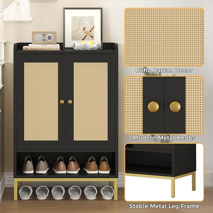 Rattan Shoe Cabinet Storage for Entryway, Shoe Cabinet with Adjustable Shelves for Entryway, 5-Tier, 20 Pair Shoe Rack Storage for Hallway, Closet, Living Room, Black