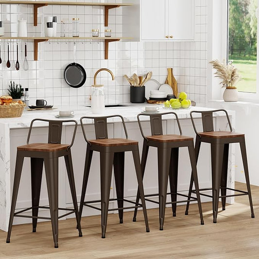 WENTMENT Industrial Rusty Bar Stools Set of 4, 24" Counter Height, Wooden Seat, Removable Back, Stackable