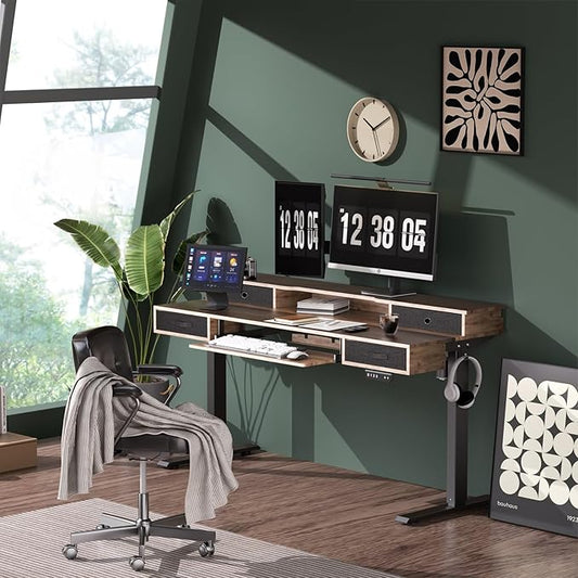 Electric Standing Desk, 55" Standing Desk Adjustable Height, Adjustable Desk with 4 Drawers, Ergonomic Adjustable Sit Stand Desk with Keyboard Tray, Rustic Brown