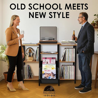 REVOLV Tall Record Player Stand with Vinyl Storage - Vinyl Record Stand with 3 Tier Shelf, Front Pouches - Versatile Music Table Cabinet for Books, Rustic Console Turntable Furniture for 300+ Records