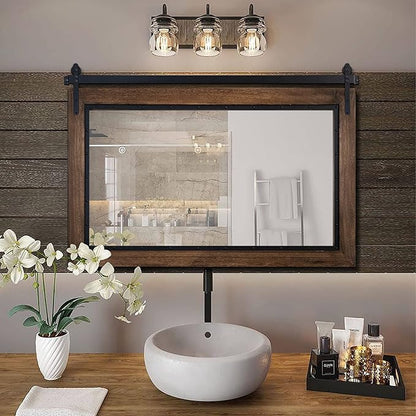 YOSHOOT Farmhouse Barn Door Mirror, 48"x30" Rustic Bathroom Mirror, Wood Frame Wall Mirror, Wooden Mirror for Living Room Bedroom Entryway Wall Décor, Horizontal Hanging ONLY