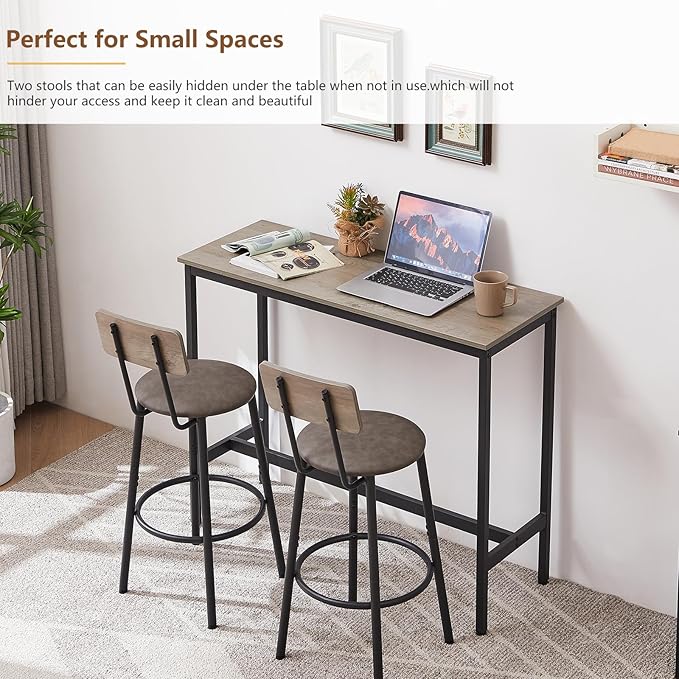 Tatub Bar Table with Stools Set of 2, Industrial 3 Piece Counter Height Small Dining Sofa Table and Chairs Set of 2, Gray