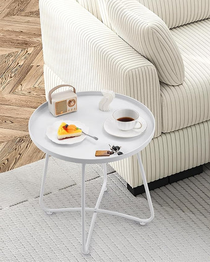 Small Side Round Table for Living Room Bedroom, Weather Resistant Outdoor Side Table Metal Patio Tables for Garden Porch Balcony Yard, Minimalist Short Round Tray Tables 17.7”D x 17.7”H, White