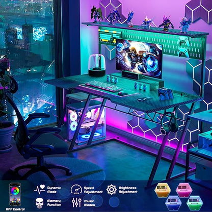Armocity Gaming Computer Desk with Hutch and LED Lights, 53'' Black Gaming Desk with Storage Shelves, Reversible PC Gamer Desks with Pegboard, Ergonomic Desk for Bedroom, Carbon Fiber Surface