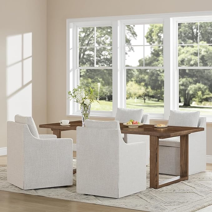 Upholstered Dining Chairs with Casters Easy Assembly Modern Accent Armchair with Rollers for Diningroom Bedroom Livingroom Reading Room,Linen,2 Boxs