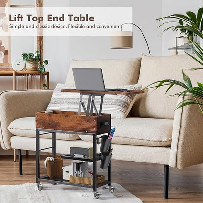Colima Lift Top End Table with Charging Station and Wheels, Sofa Side Table with USB Port & AC Outlets, Movable Bedside Nightstand with Side Bag for Office Living Room Bedroom(Rustic Wood)