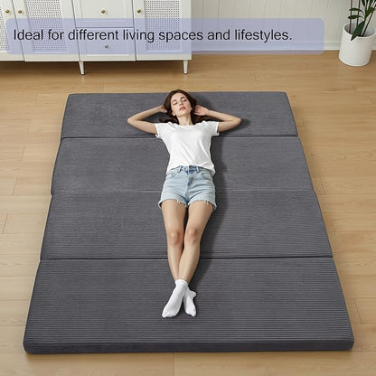 MeMoreCool Folding Foam Futon Mattress Queen, Foldable Japanese Floor Mattress, Sleeping Mat Pad for Adults Guests Sleepovers, 3 in Thick Tatami Mat Portable Shikibuton, Dark Grey