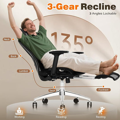 GABRYLLY Ergonomic Office Chair with Adjustable Lumbar Support, 3D Armrests & Headrest, 135° Reclining Chair with Footrest & Large Steel Base,300LBS Swivel Desk Chair(GYMN01)