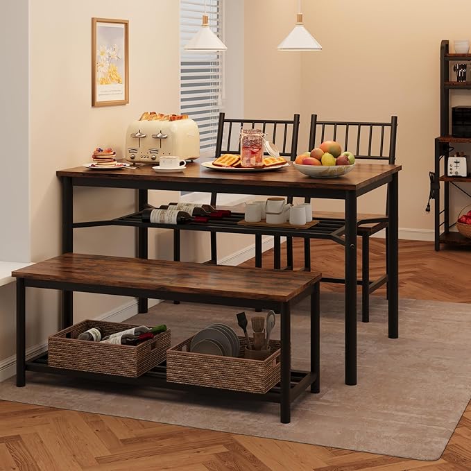 Dining Table Set for 4, Kitchen Table for 4 with Bench and 2 Chairs, 4-Piece Dining Table Set for Apartment, Small Space, Brown