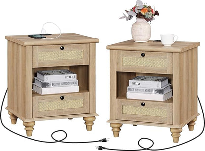 WAMPAT Set of 2 Rattan Night Stands Side Tables with Charging Station, Wood End Table for Living Room with Drawers & Shelf, Farmhouse Bedside Table Nightstand for Bedroom, Oak