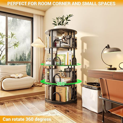 Aheaplus 4 Tier Rotating Bookshelf Tower, 360 Display Spinning Bookcase, Revolving Round Book Shelf Narrow Swivel Bookshelf, Vertical Turning Corner Book Organizer for Small Space, Black Oak
