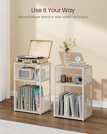VASAGLE Record Player Stand, 3-Tier Side Table, Vinyl Record Storage up to 100 Albums, End Table for Living Room, Bedroom, Rustic White ULET275W01