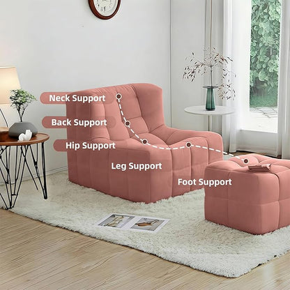 Bean Bag Chair - Memory Foam Bean Bag Chair for Adults, Comfy High-Resilience Single Sofa, Small Space Floor Chair, Chaise Lounge for Living Room, Bedroom (Pink, Square + Ottoman)