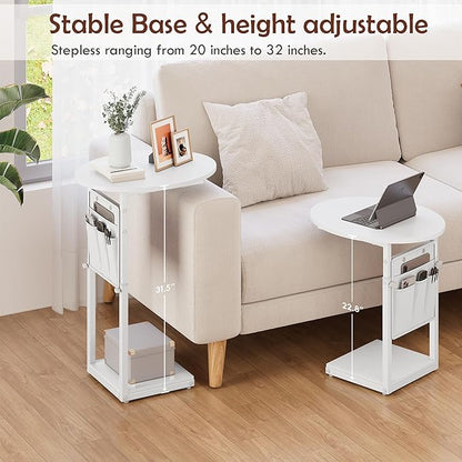 Vagusicc C Shaped End Table, Adjustable Height Small Side Table for Couch and Recliner, 32" Tall Couch Side Table Slide Under Sofa Tray Desk with Storage Bag for Living Room and Bedroom, White