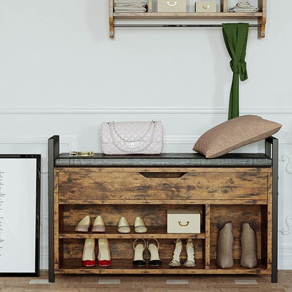 IRONCK Shoe Storage Bench, Entryway Bench with Lift Top Storage Box, Metal and Board Bench for Entryway, Two Tier Shoe Rack Organizer for Entryway, Hallway, Industrial, Vintage Brown
