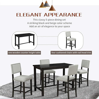 Ball & Cast 5 Piece Dining Table Set,4 Upholstered Chairs with Curved Backrests,Wooden Living Room Furniture W/ 52" Rectangle Kitchen Desk,for Restaurant,Home Bistro,Espresso and Beige