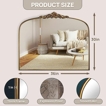 Vintage Gold Ornate Baroque Mirror - 36"X30" Arched Antique Brass Mirror with Full Metal Frame - Ideal for Entryway, Fireplace, Living Room, Hallway, Bathroom