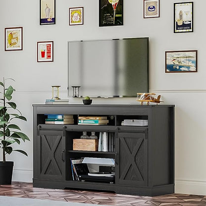RoyalCraft Farmhouse TV Stand with Sliding Barn Door for TVs up to 65+ Inch, 34" Tall Entertainment Center, Wood Media Console Storage Cabinet for Bedroom, Living Room, Black
