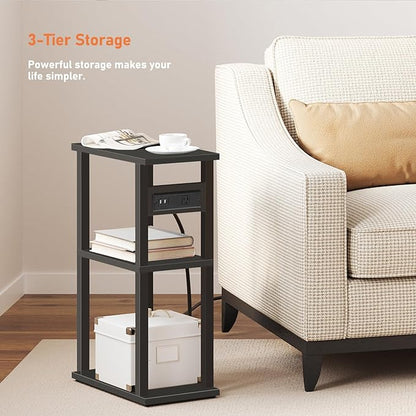 TUTOTAK Small Narrow Side Table with Charging Station, Set of 2 Skinny End Table for Small Spaces, Slim Nightstand with USB Ports and Outlet,Sofa Beside Table with Wheels, Black TB01BK047
