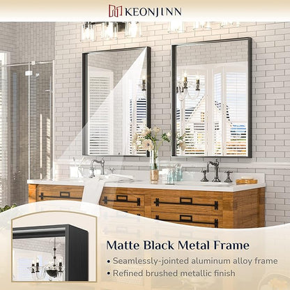 Keonjinn Black Bathroom Mirror 22 x 30 Inch, Brushed Black Framed Mirror for Over Sink, Rectangle Wall Vanity Mirror with Square Corner, Alumium Frame