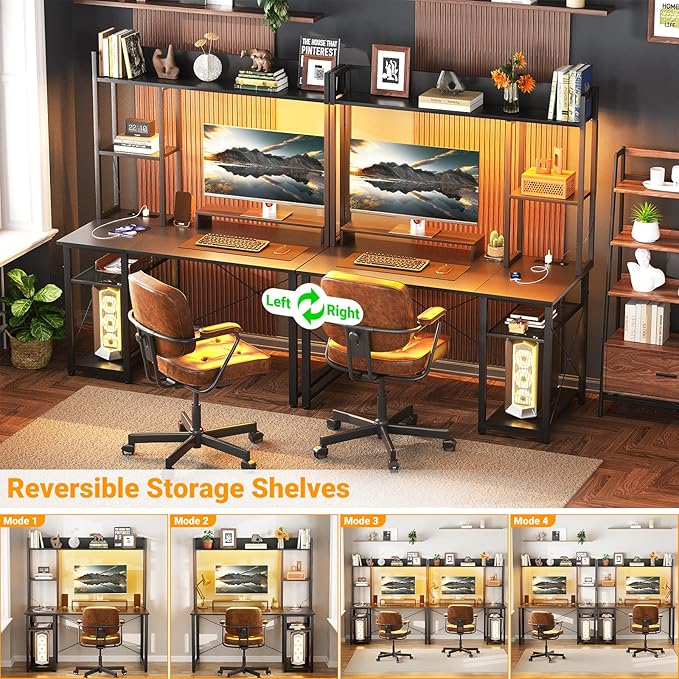 Cyclysio Gaming Desk with Hutch, 39'' Computer Desk with LED Lights & Power Outlets, Home Office Desk with Reversible 5 Tiers Storage Shelves & Monitor Stand, Small Gaming Table for Small Space, Grey