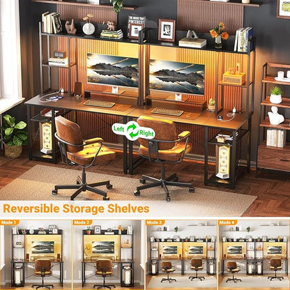 Cyclysio Gaming Desk with Hutch, 39'' Computer Desk with LED Lights & Power Outlets, Home Office Desk with Reversible 5 Tiers Storage Shelves & Monitor Stand, Small Gaming Table for Small Space, Grey