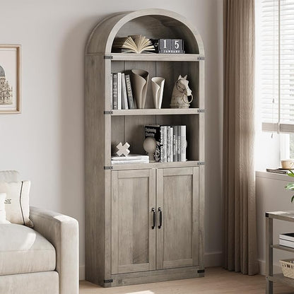 Garveehome Bookcase with Doors Arched Bookshelf 71.65in Tall Bookcase Farmhouse Cabinet with Shelves Wooden Bookshelves for Home Office, Living Room