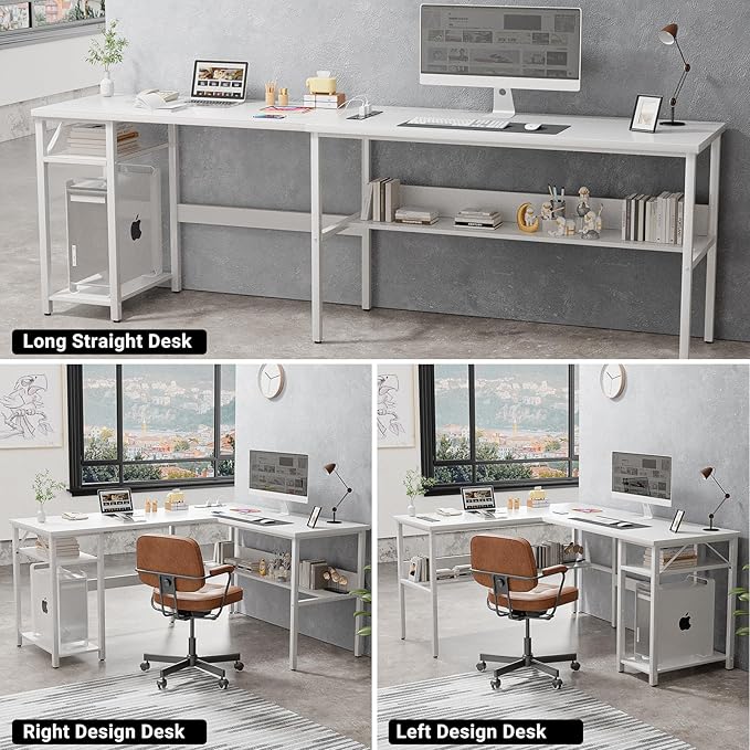 Unikito Reversible L Shaped Computer Desk with Magic Power Outlets and USB Charging Ports, Sturdy Corner Desk with Storage Shelves, Durable Work Desk for Home Office, Easy to Assemble, White