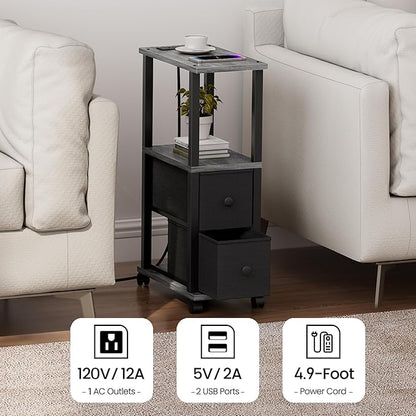 TUTOTAK Small Narrow End Tables, Side Tables with 2 Fabric Drawers, Set of 2, Bedside Tables with Charging Station for Small Spaces, Slim Nightstands with USB Ports and Wheels, TB01BY053