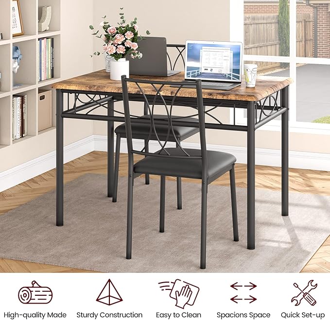 IDEALHOUSE Dining Table Set for 4, 5 Piece Dining Table Set with 4 Upholstered Chairs, Rectangular Dining Room Table Set of 4 for Small Space, Apartment, Retro Brown