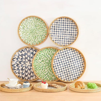 Round Rattan Tray with Mother of Pearl Inlay, Rattan Serving Tray with Wooden Base, Decorative Wicker Basket for Table Decor, Storage and Display of Coffee Bread Food Fruit (Checkerboard 13.5")