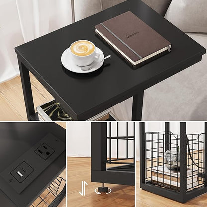 Vagusicc C Shaped End Table with Charging Station, Side Table for Couch, Small Side End Table for Small Spaces, 28" High Slide Under Sofa Table for Coffee, Tv Tray Table for Living Room, Black