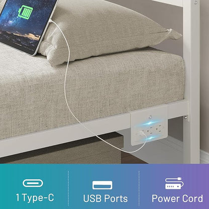 Queen Bed Frame with Headboard,Heavy Duty Steel Slats Support-LED Bed Frame with USB Charging Station,Mattress Foundation-Under Bed Storage,No Box Spring Needed,Noise Free,White