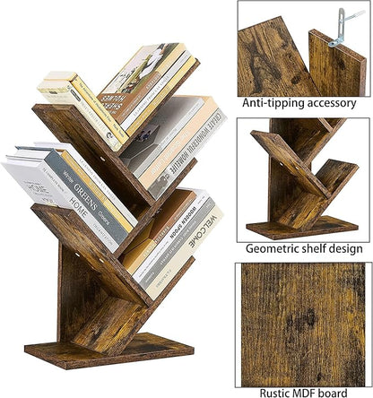 Hoctieon 4 Tier Tree Bookshelf, 4 Shelf Bookcase, Modern Book Storage, Free Standing Tree Bookcase, Utility Organizer Shelves for Home Office, Living Room, Bedroom, Rustic Brown