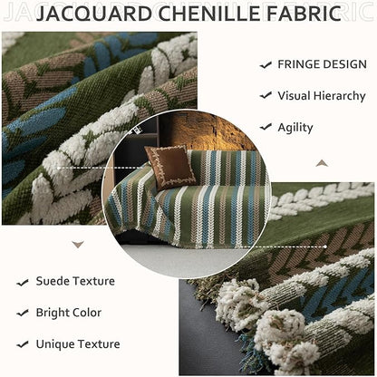 STACYPIK Thick Jacquard Green Couch Cover, Washable Sofa Cover for 2 Cushion Couch, Washable Chenille Couch Cover Blanket, Multi-use Sofa Protector Slipcover, Furniture Protector Pet-Friendly-71X118IN