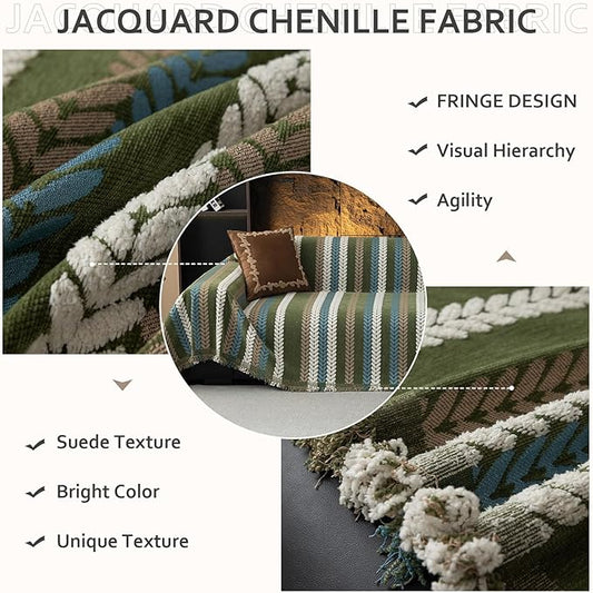 STACYPIK Thick Jacquard Green Couch Cover, Washable Sofa Cover for 2 Cushion Couch, Washable Chenille Couch Cover Blanket, Multi-use Sofa Protector Slipcover, Furniture Protector Pet-Friendly-71X118IN